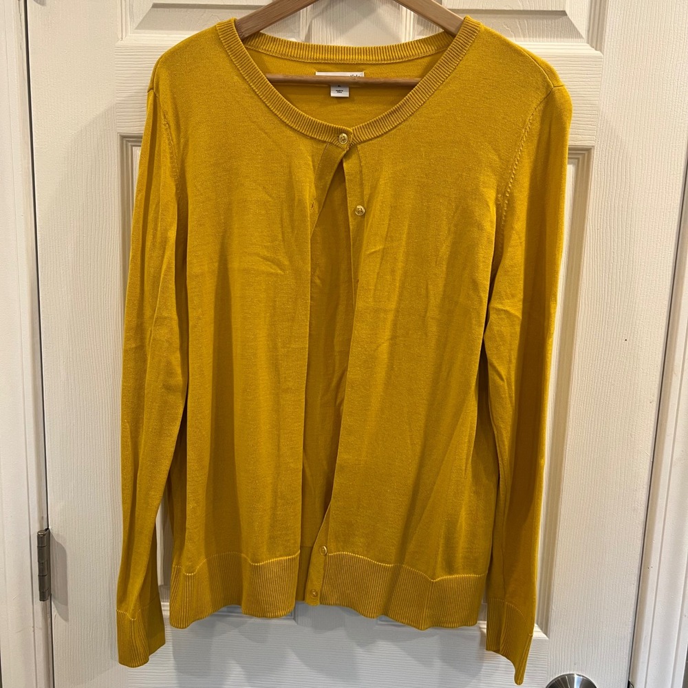 Amazon Essential Womens XL Mustard Yellow Cotton Modal Crewneck Cardigan Sweater